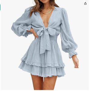 NWOT V Neck Tie Knot Ruffle Long Sleeve Floral Print Dress | M | sky blue